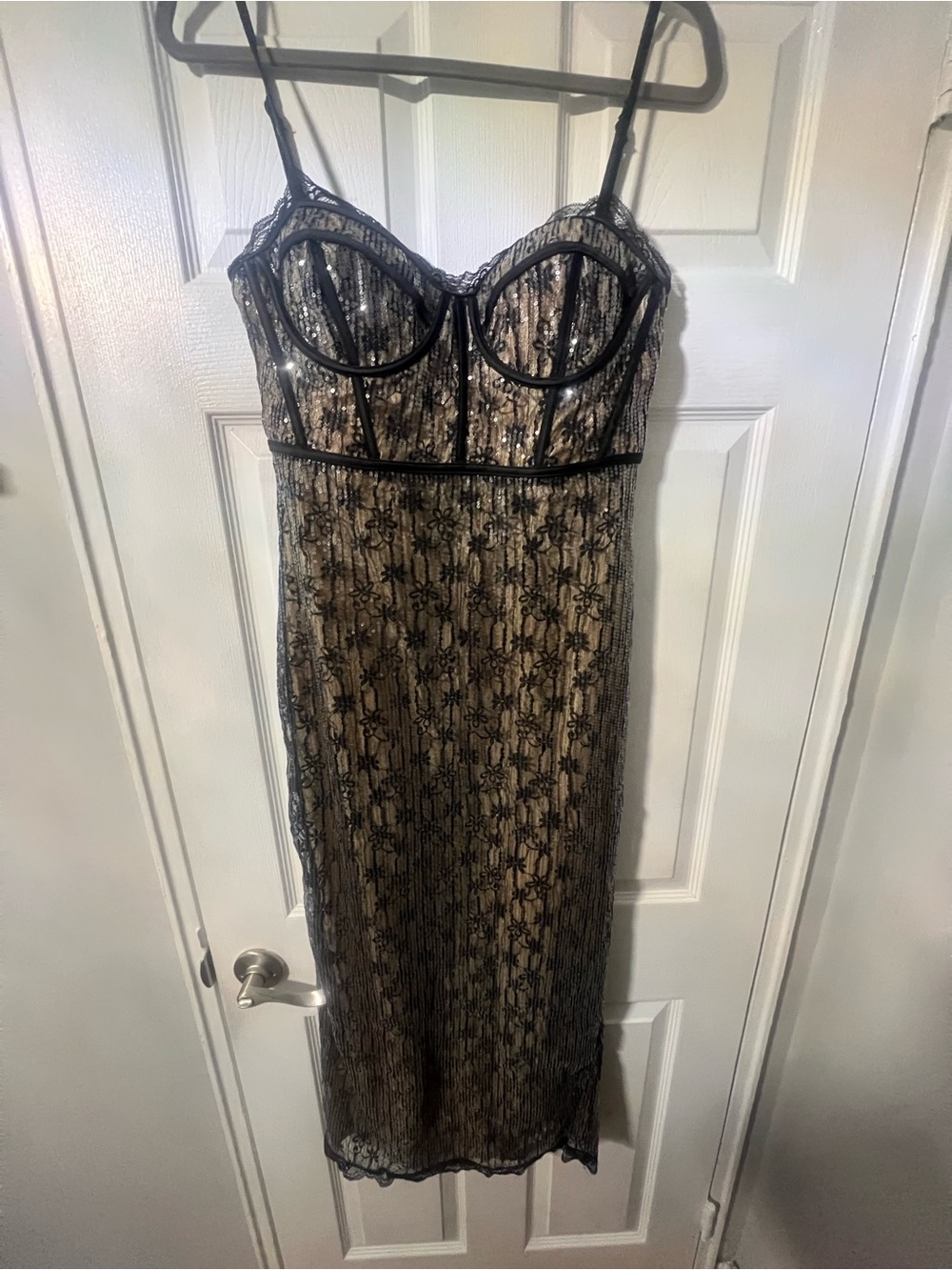 Aqua Black Lace Overlay Gold Slip Dress